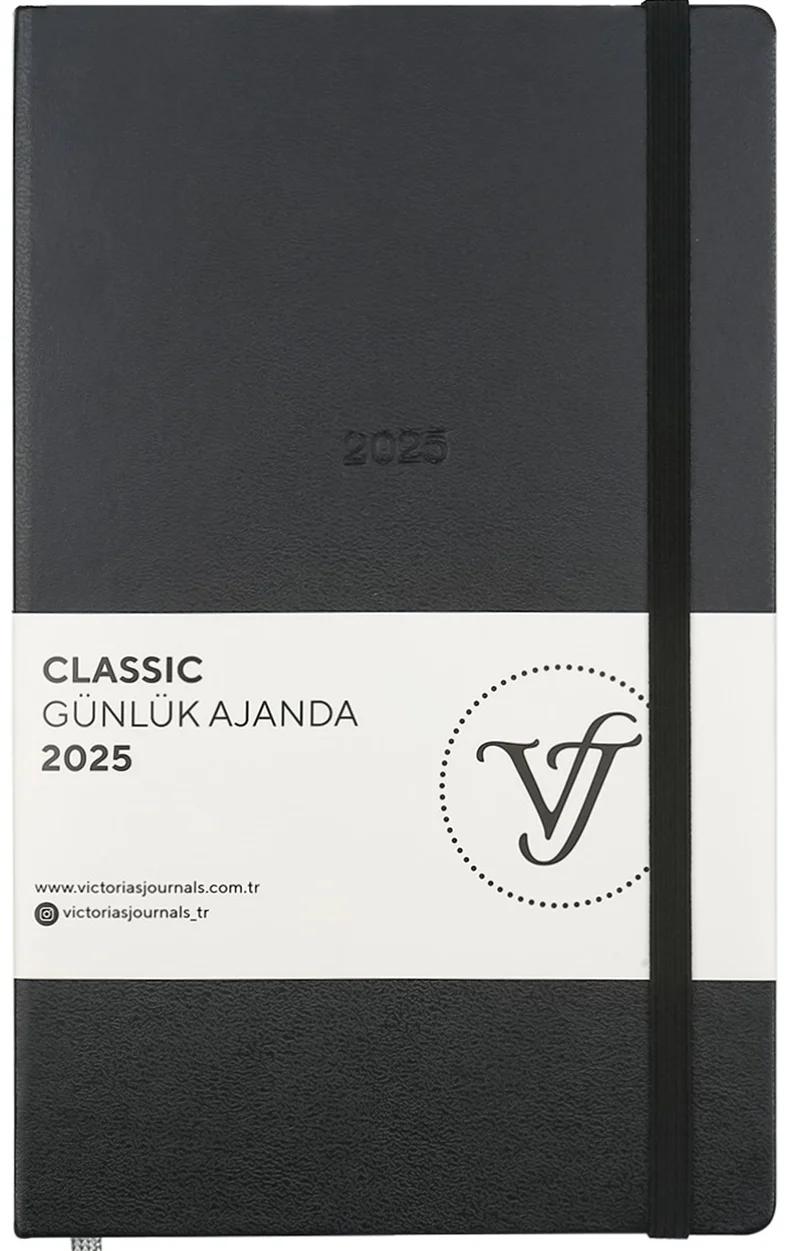 VJ AJANDA 2025 GÜNLÜK 13x21 CLASSIC SERT KAPAK IVORY 70 GR LASTİKLİ SİYAH 384 SF. 124-1447