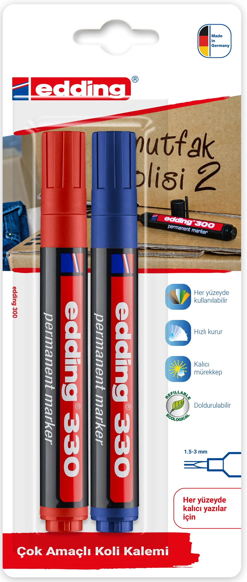 EDDING PERMANENT MARKÖR E-330 2 Lİ BLS. MAVİ &amp; KIRMIZI
