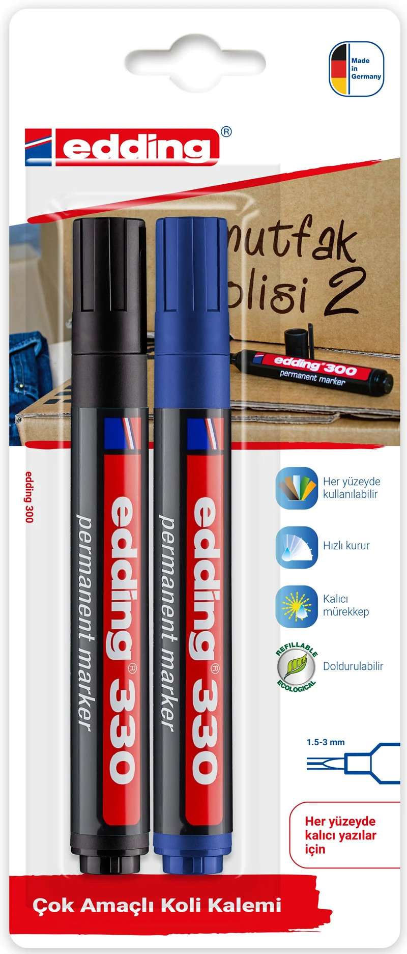 EDDING PERMANENT MARKÖR E-330 2 Lİ BLS. SİYAH & MAVİ