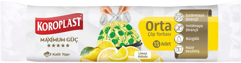 KOROPLAST ÇÖP TORBASI ORTA 55x60 BÜZGÜLÜ EKSTRA GÜÇLÜ LİMON KOKULU 15 Lİ ST01600154