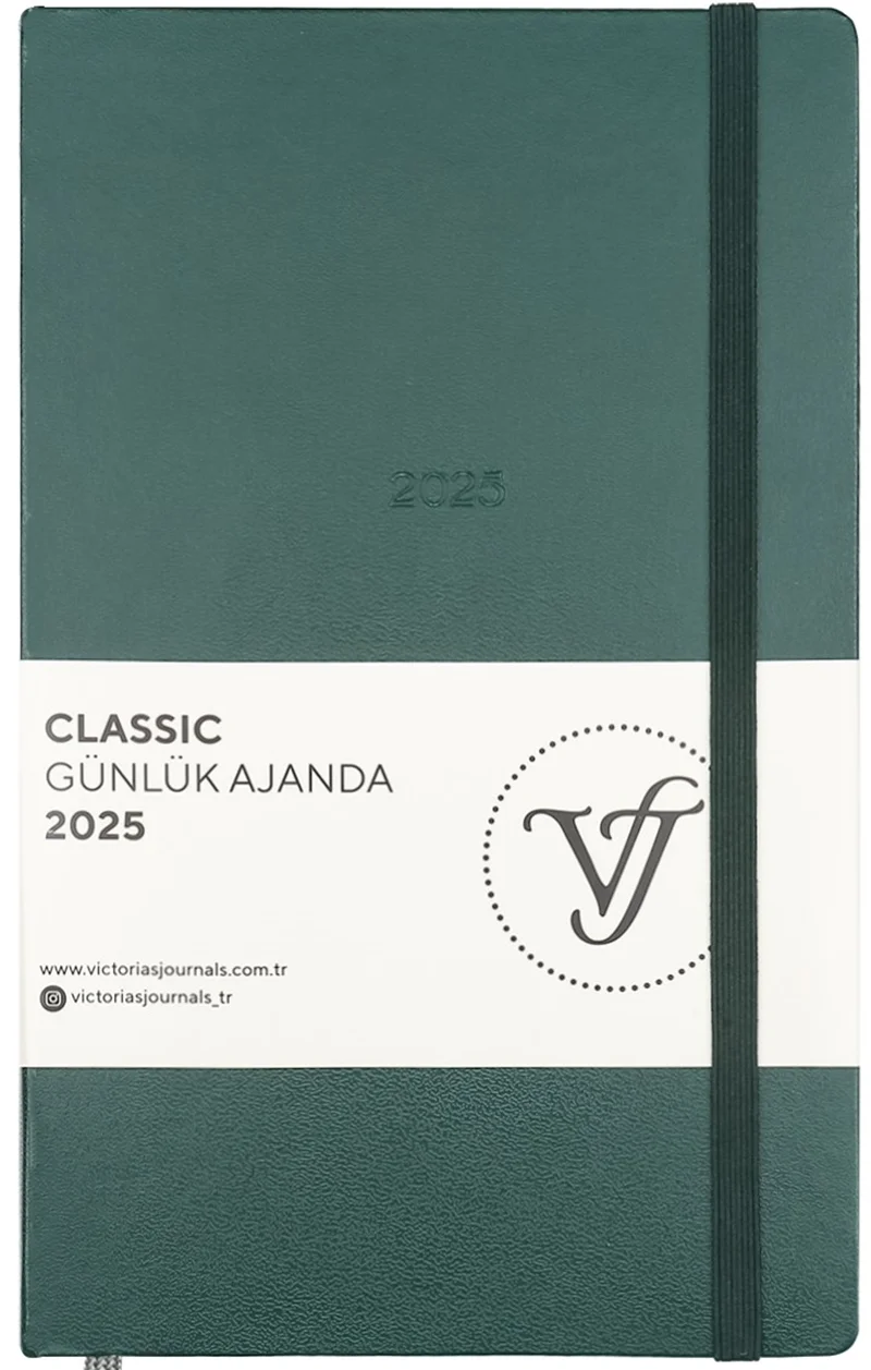 PASİF VJ AJANDA 2025 GÜNLÜK 13x21 CLASSIC SERT KAPAK IVORY 70 GR LASTİKLİ YEŞİL 384 SF. 124-1450