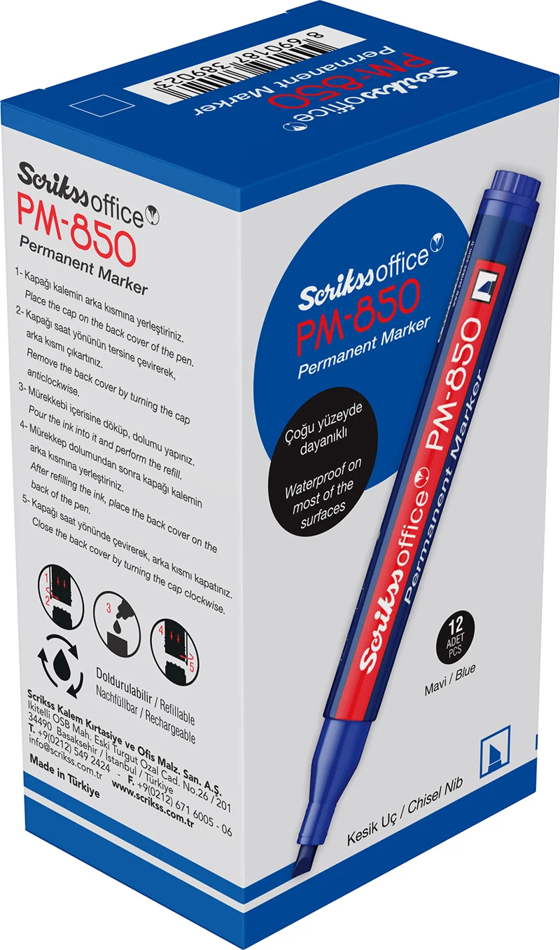 SCRIKSS OFFICE PERMANENT MARKÖR PM-850 KESİK UÇ MAVİ 12 Lİ KUTU