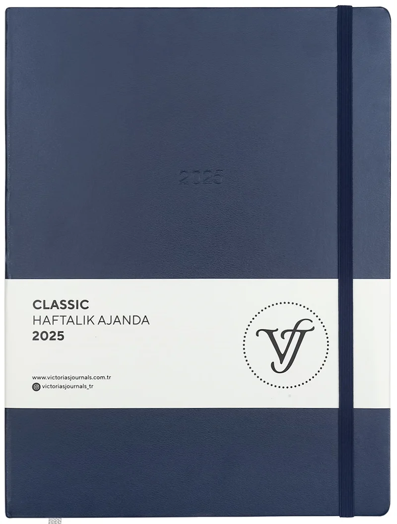 PASİF VJ AJANDA 2025 HAFTALIK 19x25 CLASSIC SERT KAPAK IVORY 100 GR LASTİKLİ LACİVERT 144 SF. 124-14