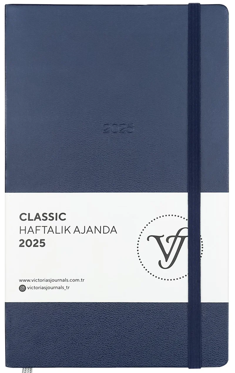 VJ AJANDA 2025 HAFTALIK 13x21 CLASSIC SERT KAPAK IVORY 100 GR LASTİKLİ LACİVERT 144 SF. 124-1410