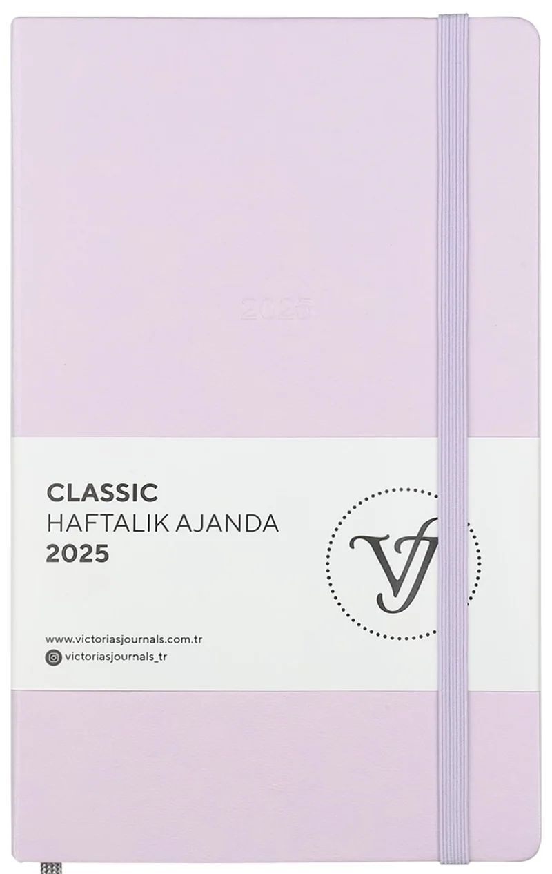 VJ AJANDA 2025 HAFTALIK 13x21 CLASSIC SERT KAPAK IVORY 100 GR LASTİKLİ LİLA 144 SF. 124-1414