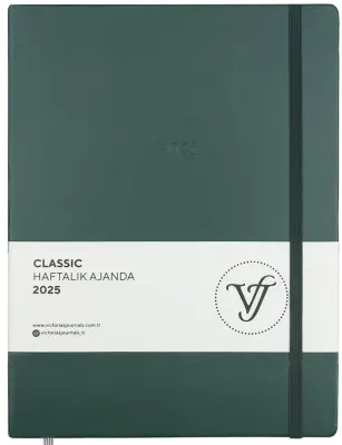 VJ AJANDA 2025 HAFTALIK 19x25 CLASSIC SERT KAPAK IVORY 100 GR LASTİKLİ YEŞİL 144 SF. 124-1404