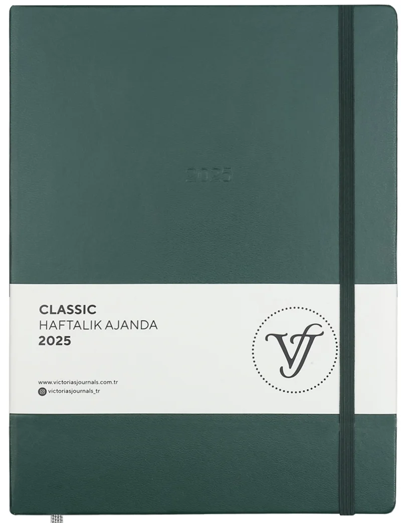VJ AJANDA 2025 HAFTALIK 19x25 CLASSIC SERT KAPAK IVORY 100 GR LASTİKLİ YEŞİL 144 SF. 124-1404