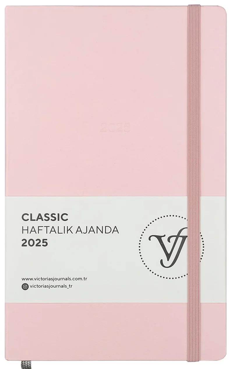 VJ AJANDA 2025 HAFTALIK 13x21 CLASSIC SERT KAPAK IVORY 100 GR LASTİKLİ PEMBE 144 SF. 124-1415