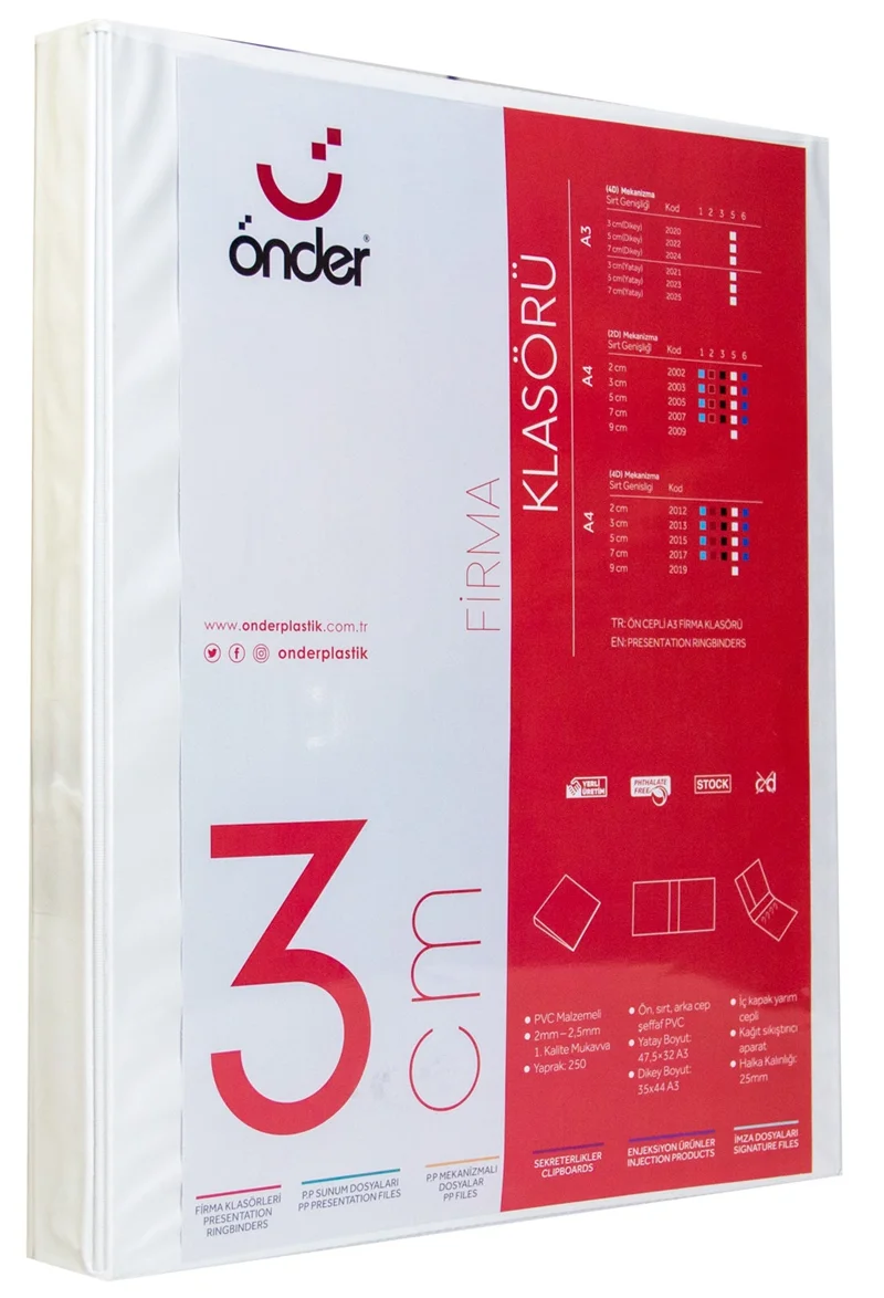 ÖNDER HALKALI DOSYA A3 DİKEY 4 HALKA 3 CM BEYAZ 2020-5