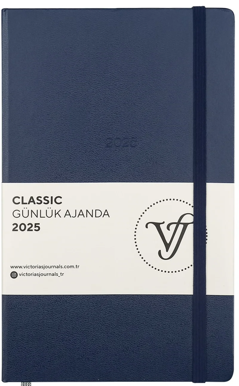 VJ AJANDA 2025 GÜNLÜK 13x21 CLASSIC SERT KAPAK IVORY 70 GR LASTİKLİ LACİVERT 384 SF. 124-1448