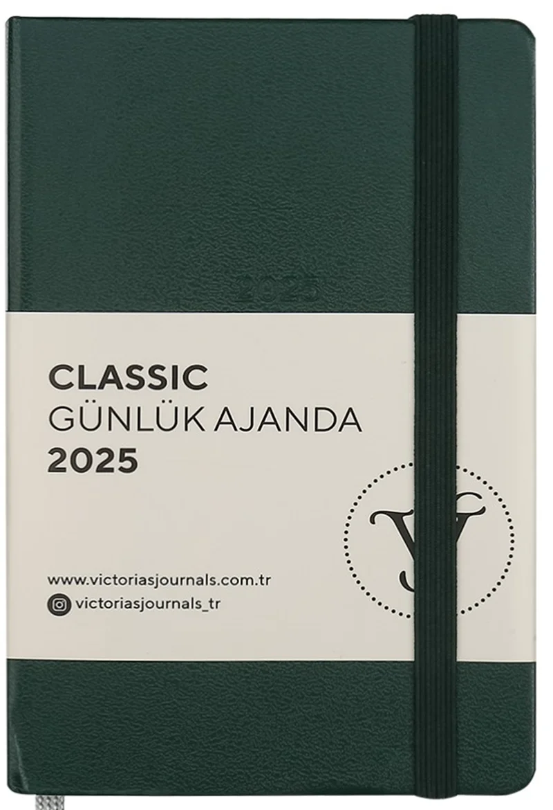 PASİF VJ AJANDA 2025 GÜNLÜK 9x14 CLASSIC SERT KAPAK IVORY 70 GR LASTİKLİ YEŞİL 384 SF. 124-1486