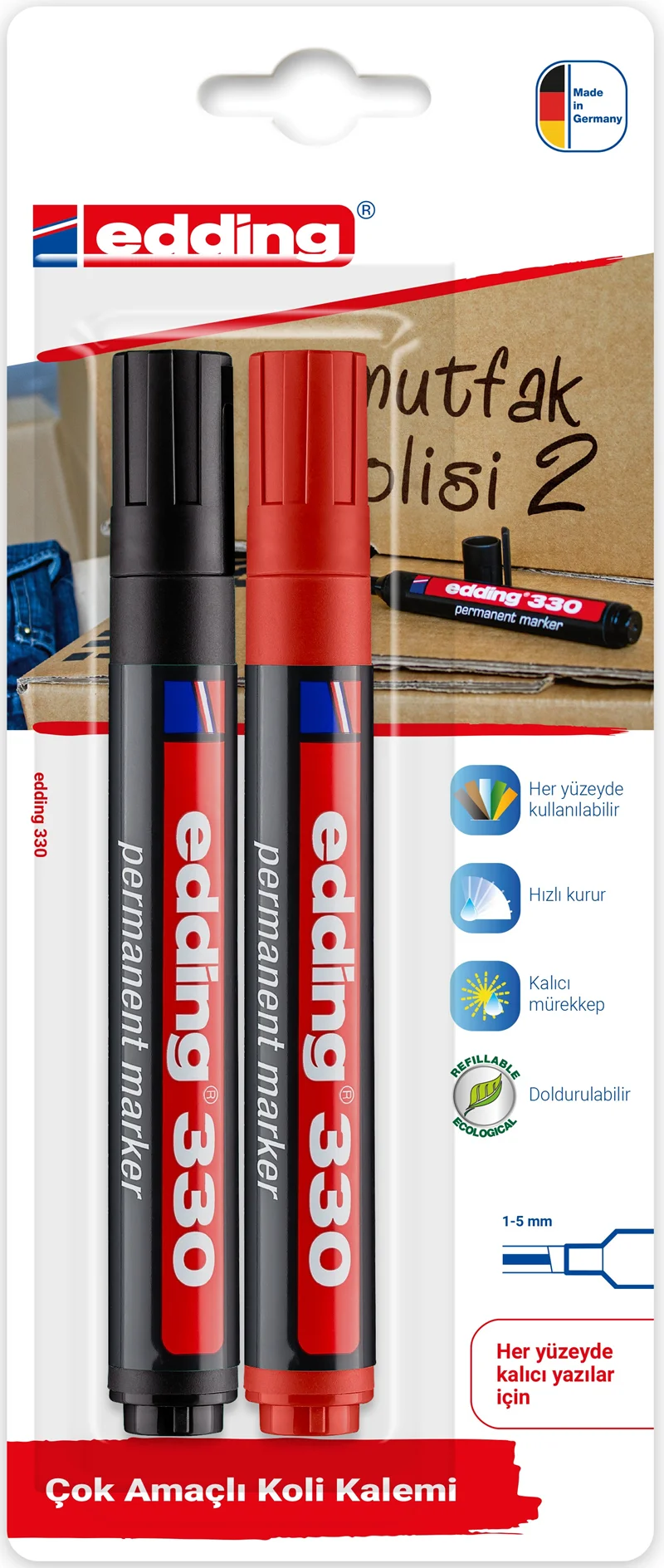 EDDING PERMANENT MARKÖR E-330 2 Lİ BLS. SİYAH &amp; KIRMIZI