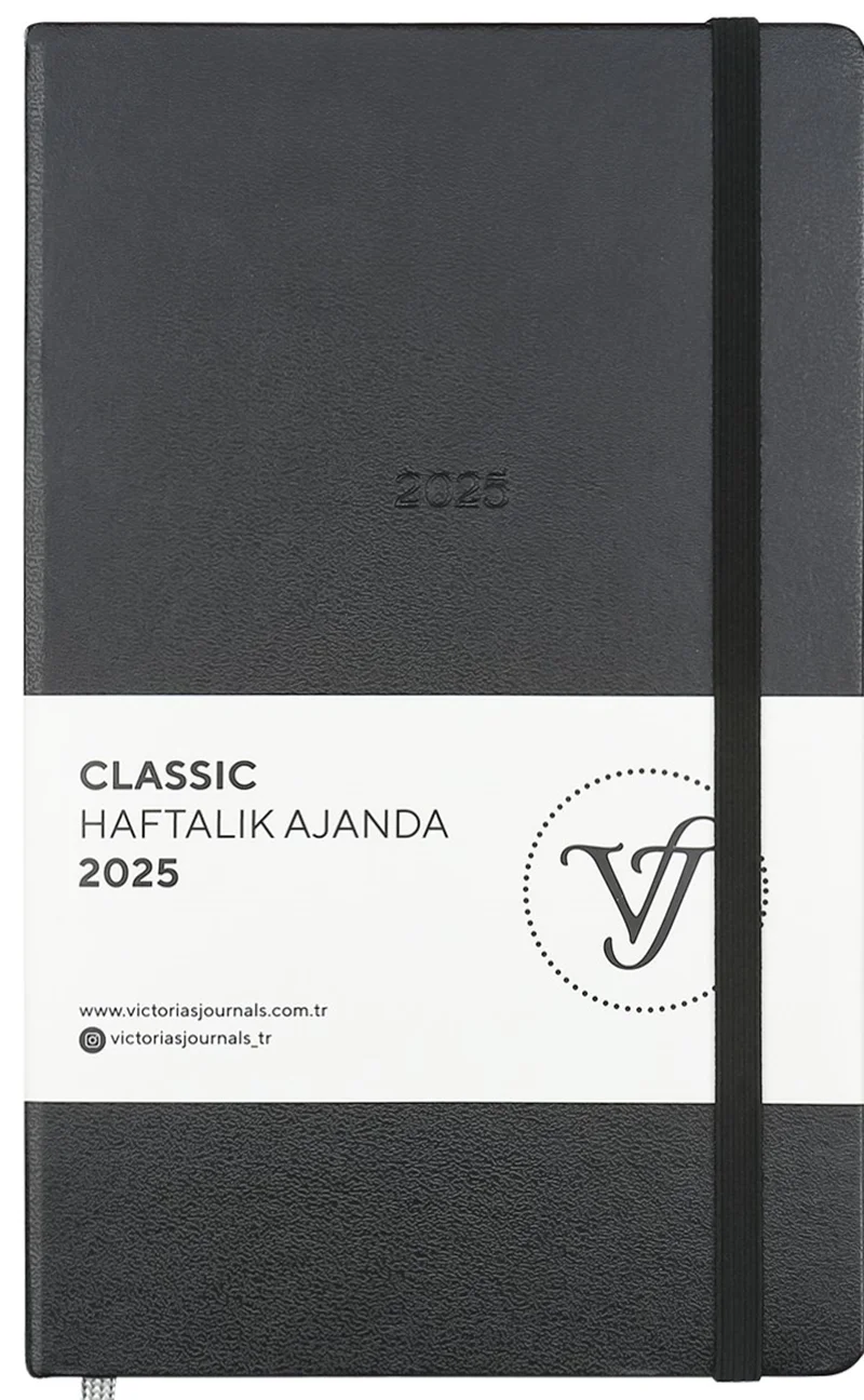 VJ AJANDA 2025 HAFTALIK 13x21 CLASSIC SERT KAPAK IVORY 100 GR LASTİKLİ SİYAH 144 SF. 124-1409