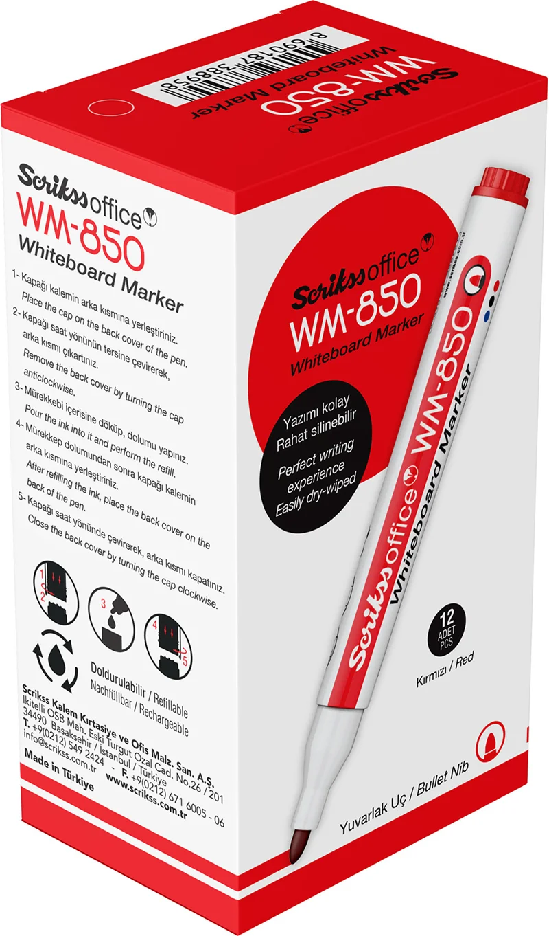 SCRIKSS OFFICE BEYAZ TAHTA KALEMİ WM-850 KIRMIZI 12 Lİ KUTU