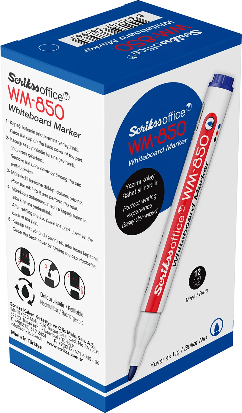 SCRIKSS OFFICE BEYAZ TAHTA KALEMİ WM-850 MAVİ 12 Lİ KUTU