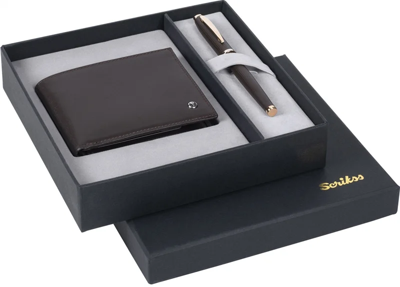 SCRIKSS HEDİYELİK SET DR 244 39 ROLLER KALEM ROSE GOLD + CÜZDAN DERİ KAHVERENGİ