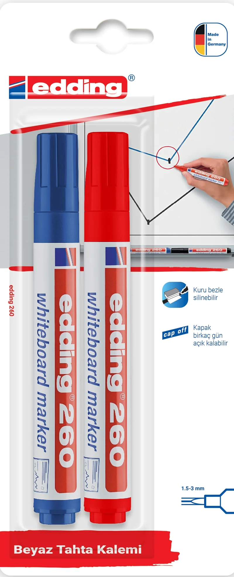 EDDING BEYAZ TAHTA KALEMİ E-260 2 Lİ BLS. KIRMIZI &amp; MAVİ