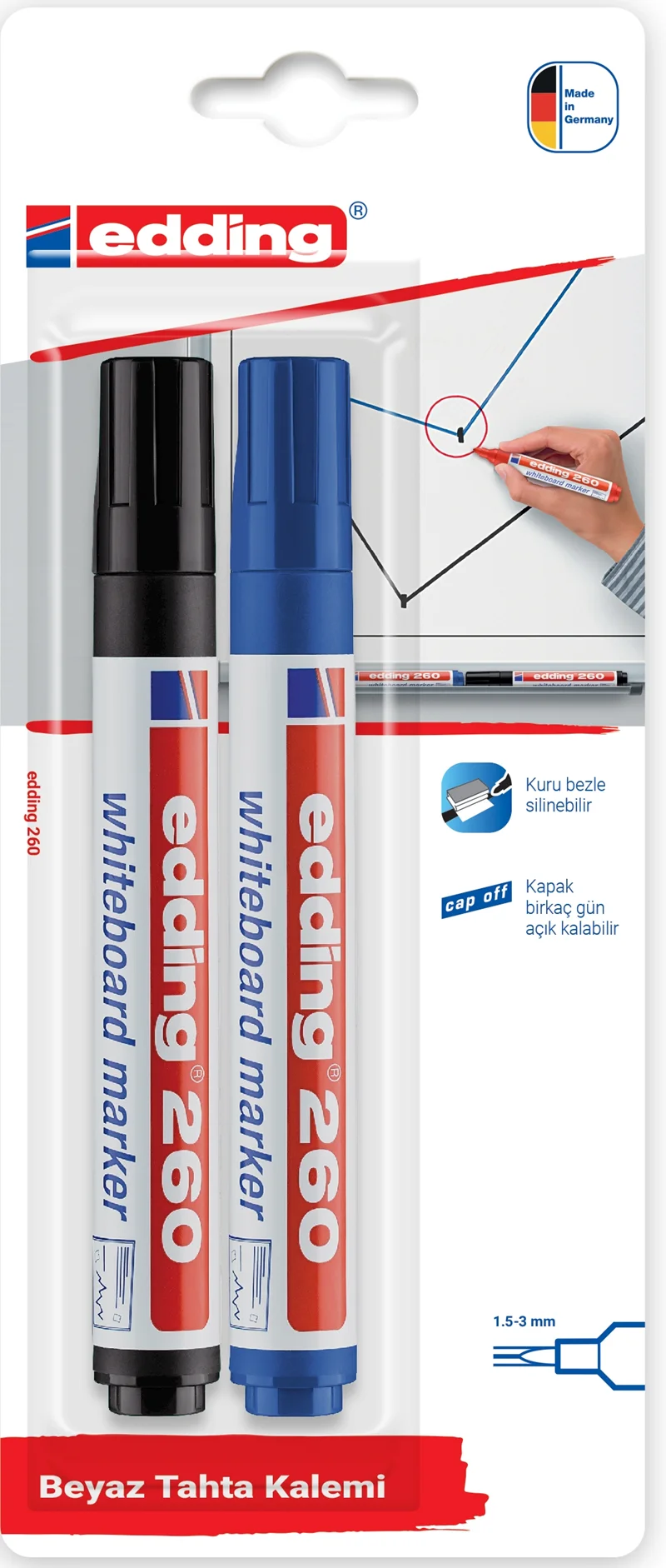EDDING BEYAZ TAHTA KALEMİ E-260 2 Lİ BLS. SİYAH &amp; MAVİ