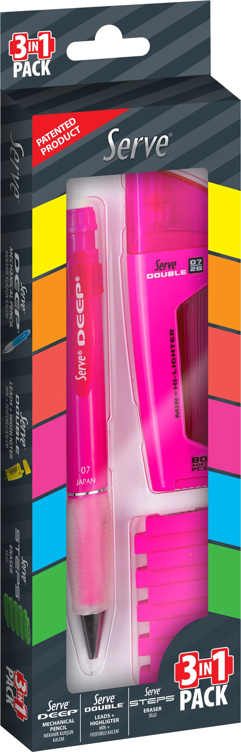 SERVE VERSATİL KALEM DEEP SET 0.7 + MİN + FOSFORLU KALEM + SİLGİ PEMBE SV-DDSTS073P