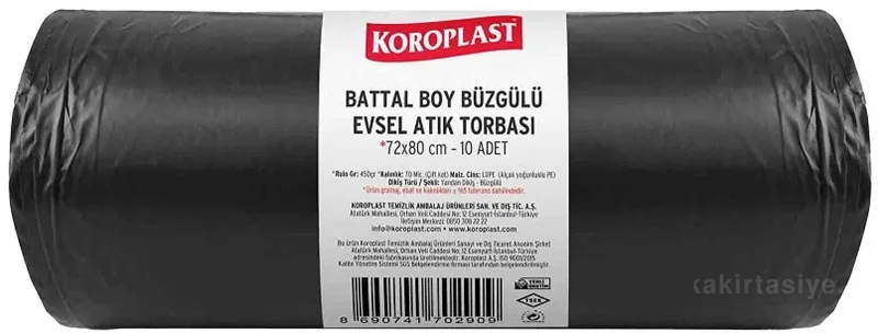 KOROPLAST ÇÖP TORBASI BATTAL 72x80 BÜZGÜLÜ EVSEL ATIK SİYAH 450g 10 LU 70 MİC. ST01600178