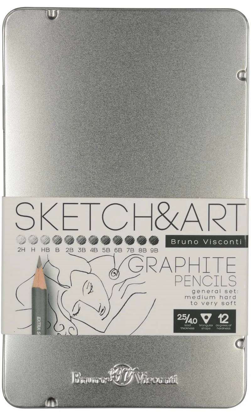 BRUNO VISCONTI KURŞUN KALEM DERECELİ KALEM SETİ SKETCH & ART METAL KUTU 12 Lİ (2H-9B) 21-0009