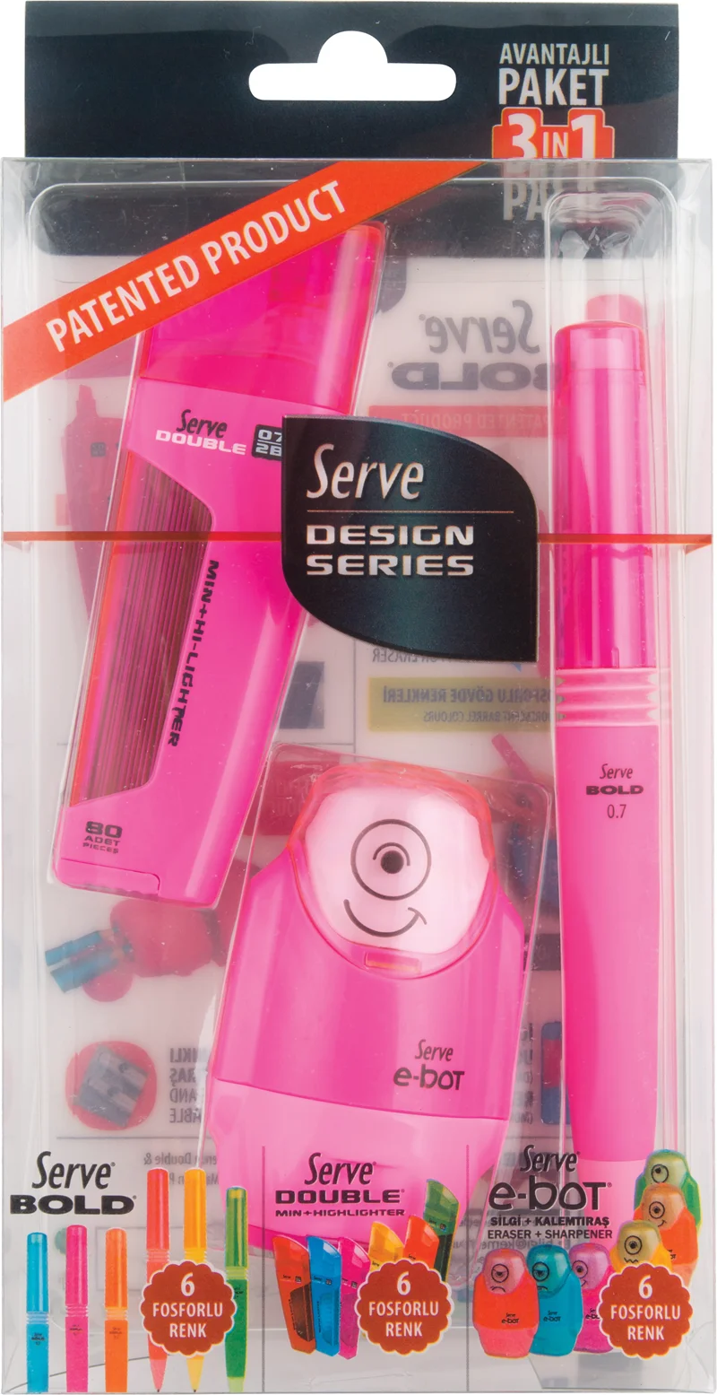 SERVE VERSATİL KALEM SET BOLD 0.7 + MİN + SİLGİLİ KALEMTIRAŞ PEMBE SV-DBE07K3P