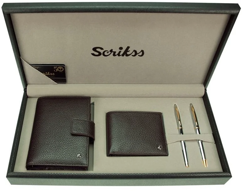 SCRIKSS HEDİYELİK SET SDR 210-2 35 DOLMA KALEM + TÜKENMEZ KALEM GOLD KROM + AJANDA CEP + CÜZDAN KAH.