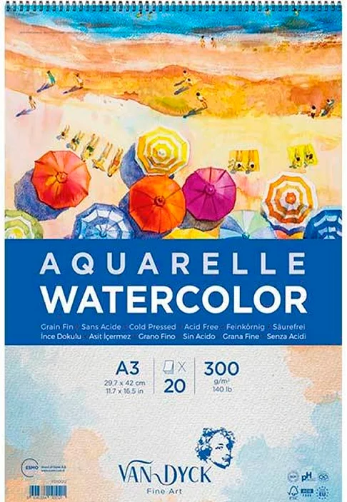VAN DYCK SULU BOYA BLOĞU AQUARELLE WATERCOLOR SPİRALLİ A3 300 GR 20 YP VD10012