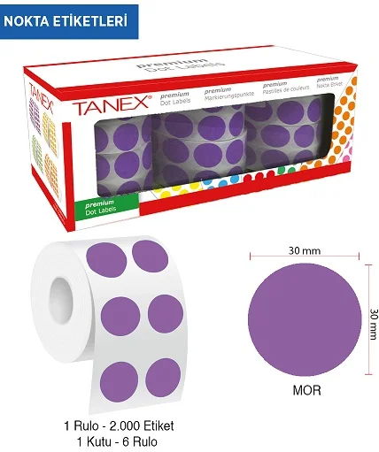 TANEX NOKTA ETİKETİ 30 MM 2000 Lİ MOR TEKLİ KUTU
