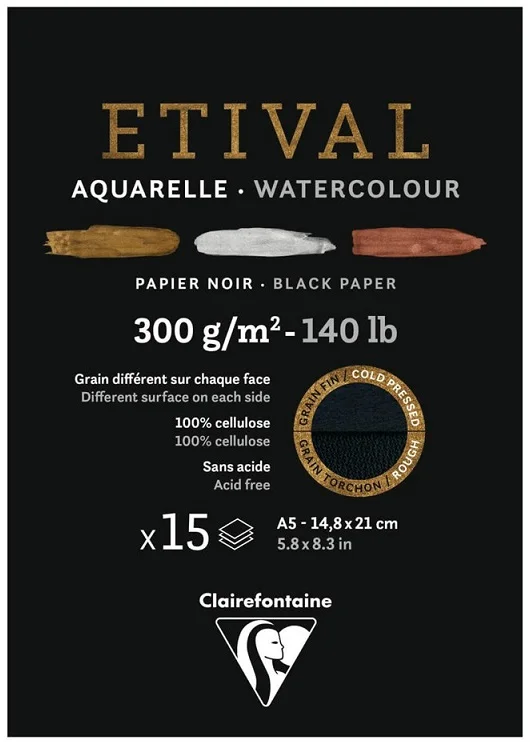 CLAIREFONTAINE SULU BOYA BLOĞU ETIVAL BLACK DOKULU COLD PRESS A5 300 GR 15 YP EKB975317