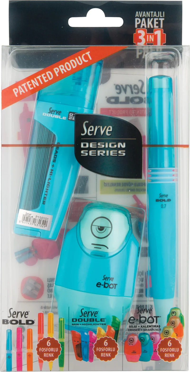SERVE VERSATİL KALEM SET BOLD 0.7 + MİN + SİLGİLİ KALEMTIRAŞ MAVİ SV-DBE07K3M