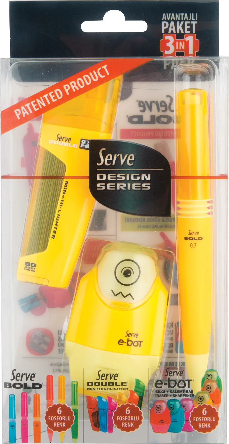 SERVE VERSATİL KALEM SET BOLD 0.7 + MİN + SİLGİLİ KALEMTIRAŞ SARI SV-DBE07K3S