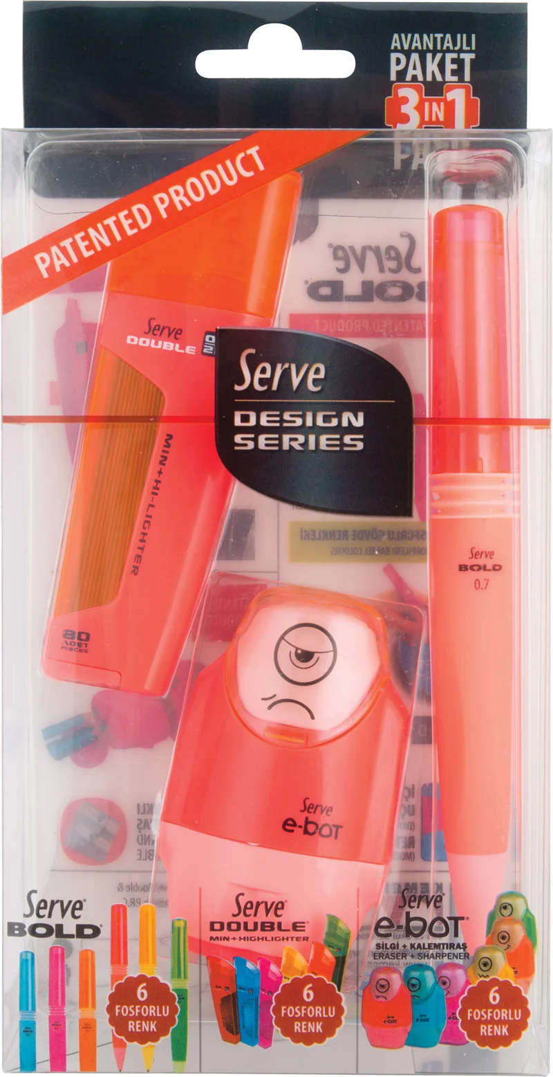 SERVE VERSATİL KALEM SET BOLD 0.7 + MİN + SİLGİLİ KALEMTIRAŞ KIRMIZI SV-DBE07K3K