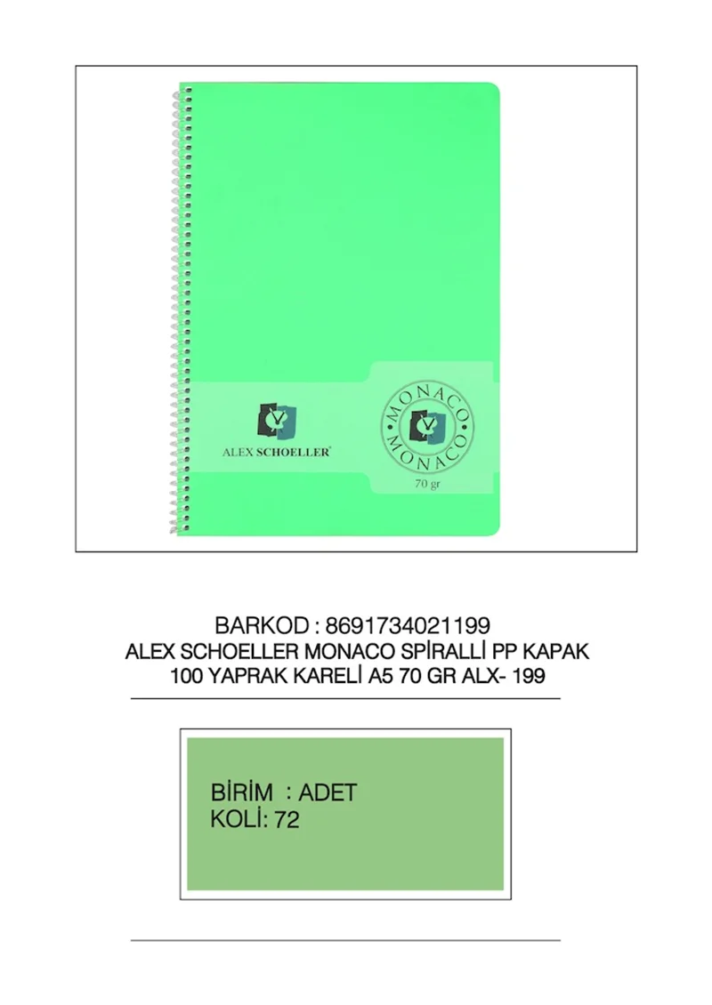 ALEX DEFTER A5 PP KAPAK SPİRALLİ 100 YP KARELİ ALX-199