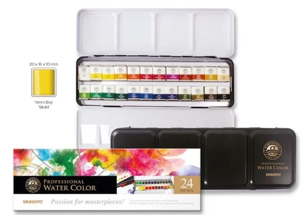 MUNGYO SULU BOYA AQUAREL YARIM TABLET 24 LÜ METAL KUTU MWPH-24