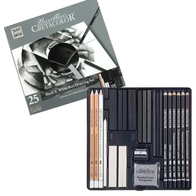 CRETACOLOR BLACK &amp; WHİTE DRAWİNG SET PREMİUM ÇİZİM SETİ METAL KUTU 25 PARÇA 40026