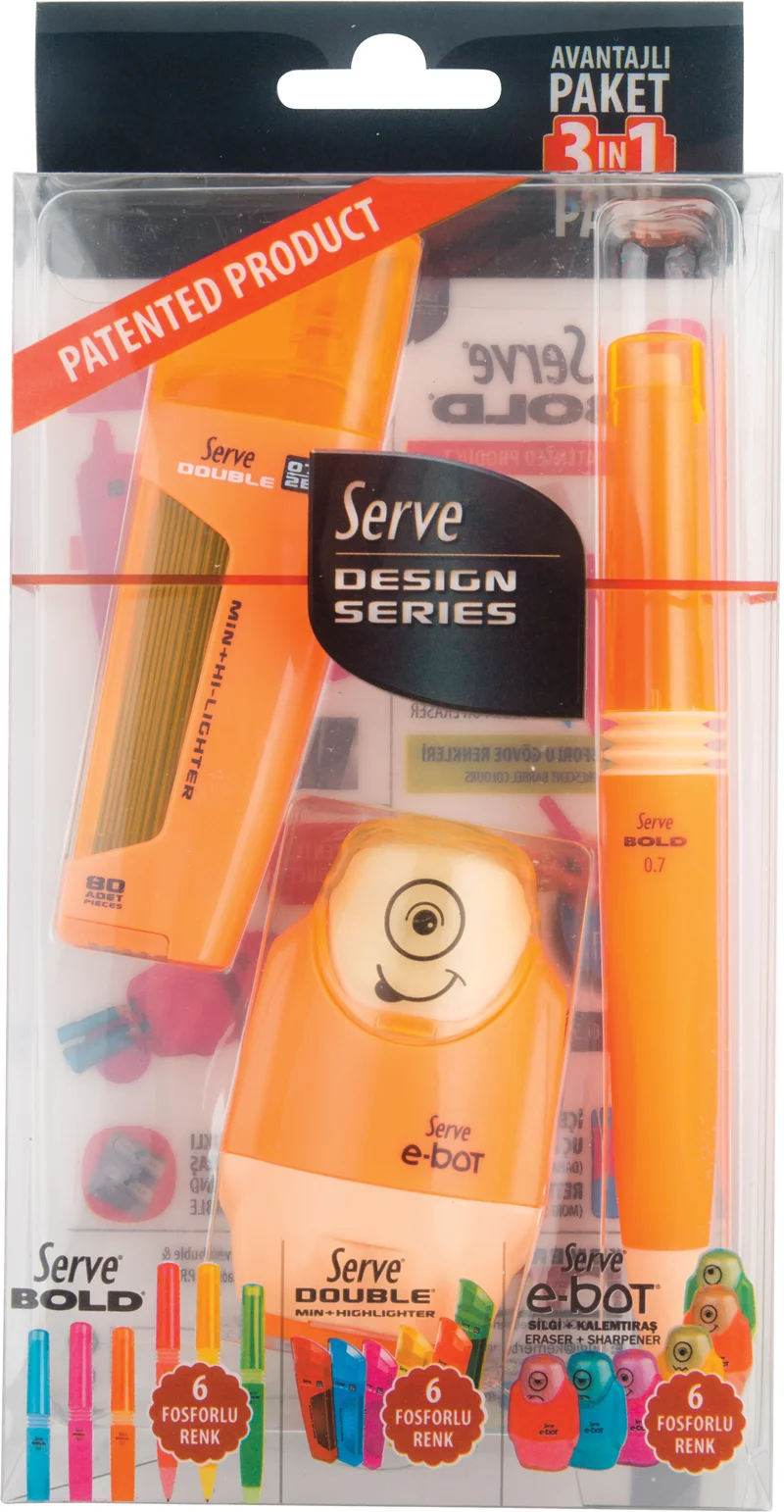SERVE VERSATİL KALEM SET BOLD 0.7 + MİN + SİLGİLİ KALEMTIRAŞ TURUNCU SV-DBE07K3T