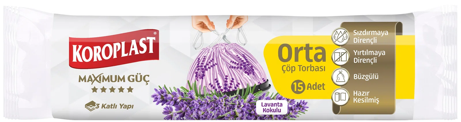 KOROPLAST ÇÖP TORBASI ORTA 55x57 BÜZGÜLÜ EKSTRA GÜÇLÜ KOKU HAPSEDEN LAVANTA KOKULU 15 Lİ ST01600158