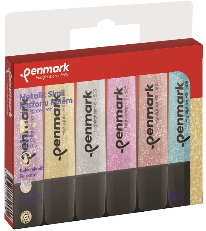 PENMARK FOSFORLU KALEM SET 6 LI METALİK SİMLİ KARIŞIK RENK HS-505-6S
