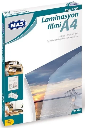 MAS LAMİNASYON FİLMİ 125 MİC A4 100 LÜ 7706