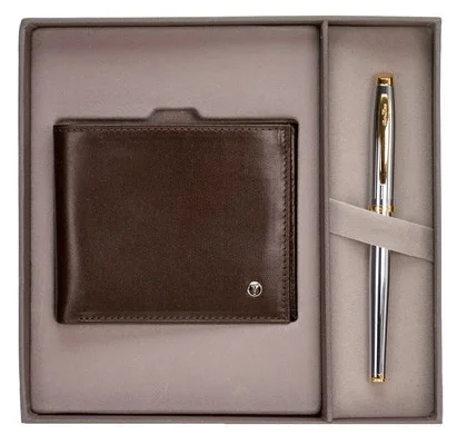 SCRIKSS HEDİYELİK SET DR 229 39 ROLLER KALEM GOLD KROM + CÜZDAN DERİ KAHVERENGİ