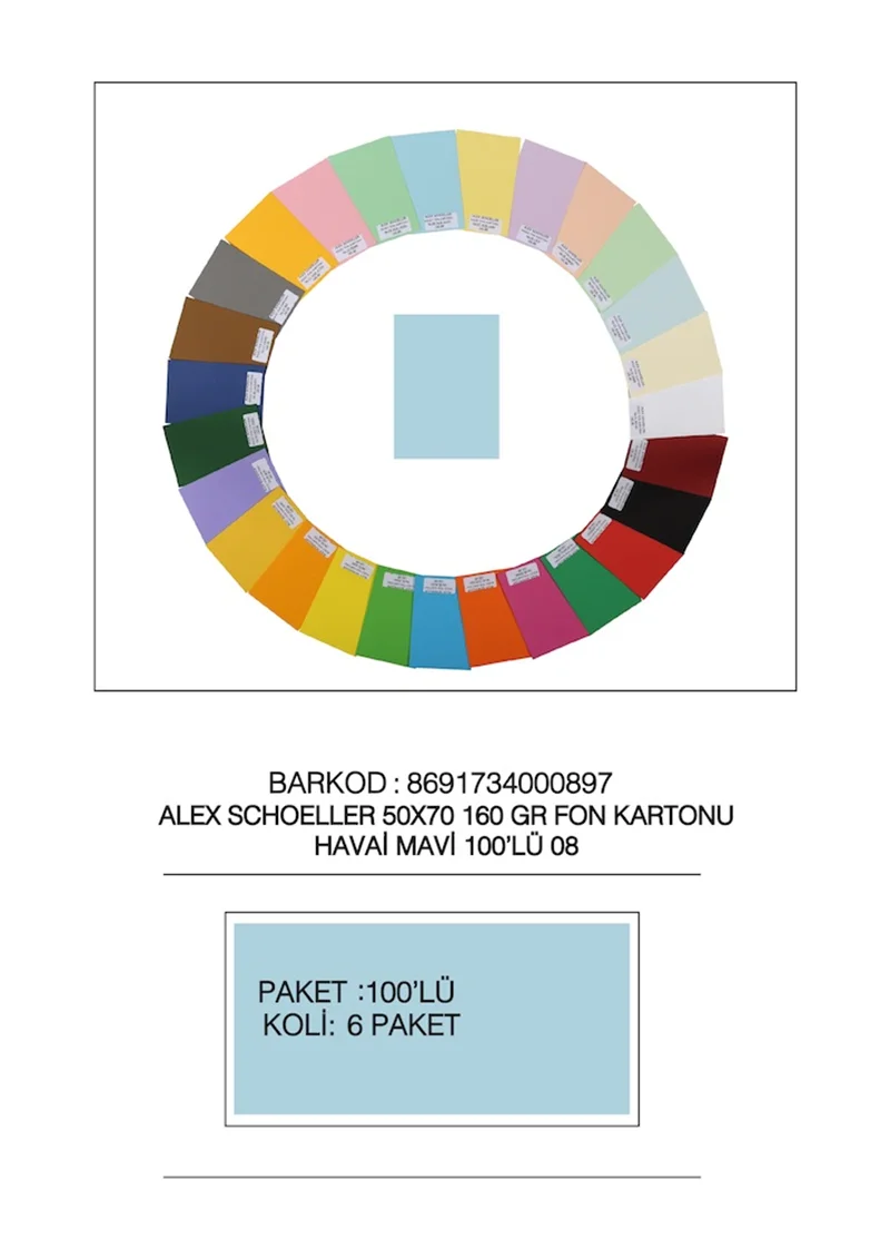 ALEX FON KARTONU 160GR 50X70 HAVAİ MAVİ 100 LÜ 08