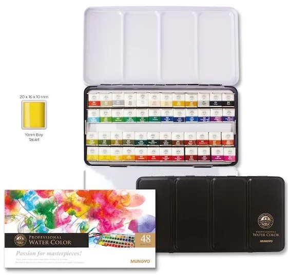 MUNGYO SULU BOYA AQUAREL YARIM TABLET 48 Lİ METAL KUTU MWPH-48