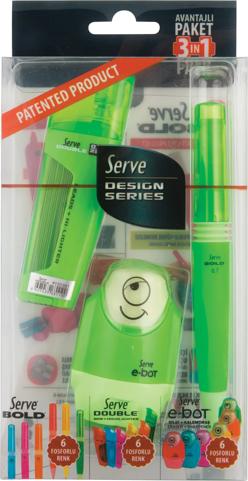 SERVE VERSATİL KALEM SET BOLD 0.7 + MİN + SİLGİLİ KALEMTIRAŞ YEŞİL SV-DBE07K3Y