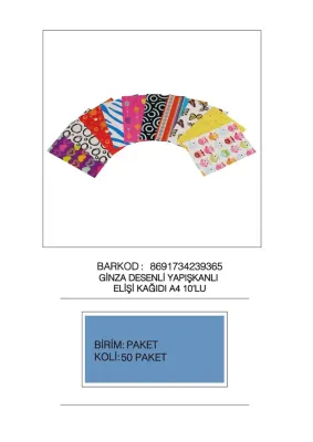 GİNZA ELİŞİ KAĞIDI A4 DESENLİ YAPIŞKANLI KARIŞIK 10LU GN-0365
