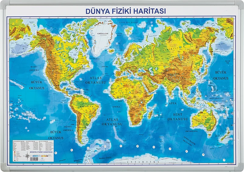 İNTER EĞİTİM HARİTA DÜNYA FİZİKİ DUVARA MONTE ELEGANT ÇERÇEVE 70x100 INT-818