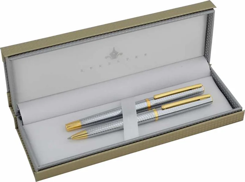 STEELPEN DOLMA KALEM+TÜKENMEZ KALEM SET SLIM SERİSİ KROM GOLD 8131