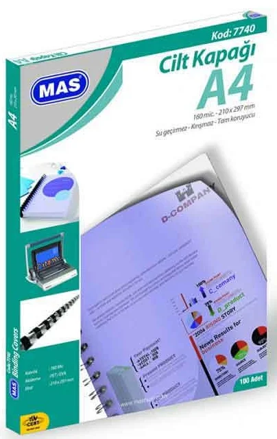 MAS CİLT KAPAĞI 7740 A4 160 MIC 100 LÜ MAVİ
