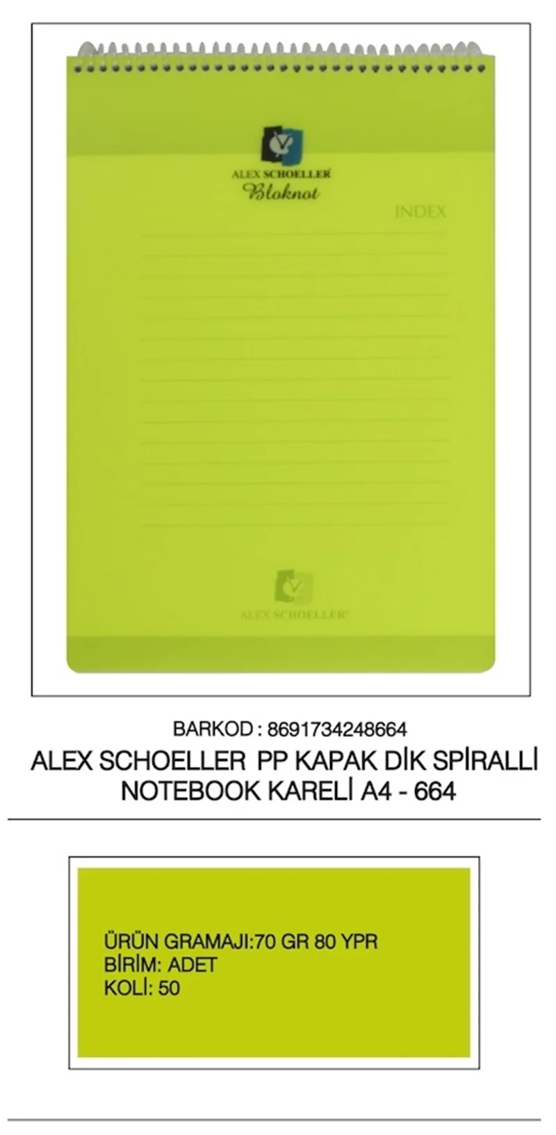ALEX DEFTER A4 PP KAPAK SPİRALLİ 80 YP. KARELİ ALX-664