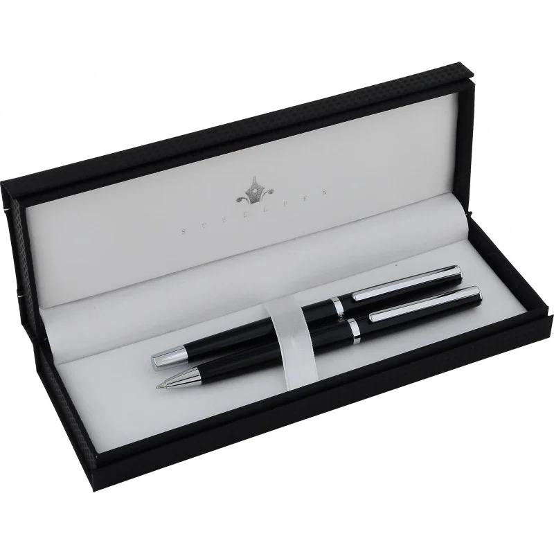 STEELPEN DOLMA KALEM+TÜKENMEZ KALEM SET SLIM SERİSİ SİYAH 8139